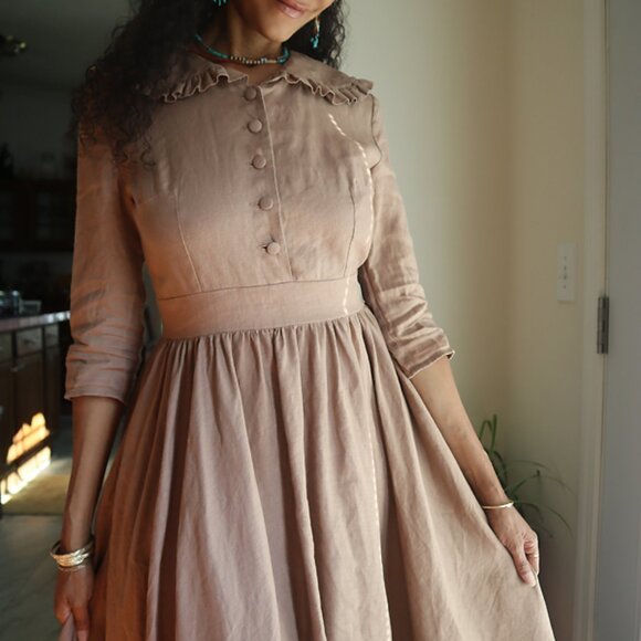 Prune Brown Cottage Core Linen Dress - Picture 4 of 6